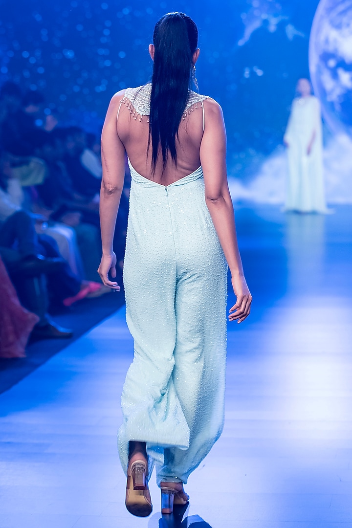 Aqua Georgette Beads Hand Embroidered Jumpsuit by Rabani & Rakha at Pernia's Pop Up Shop