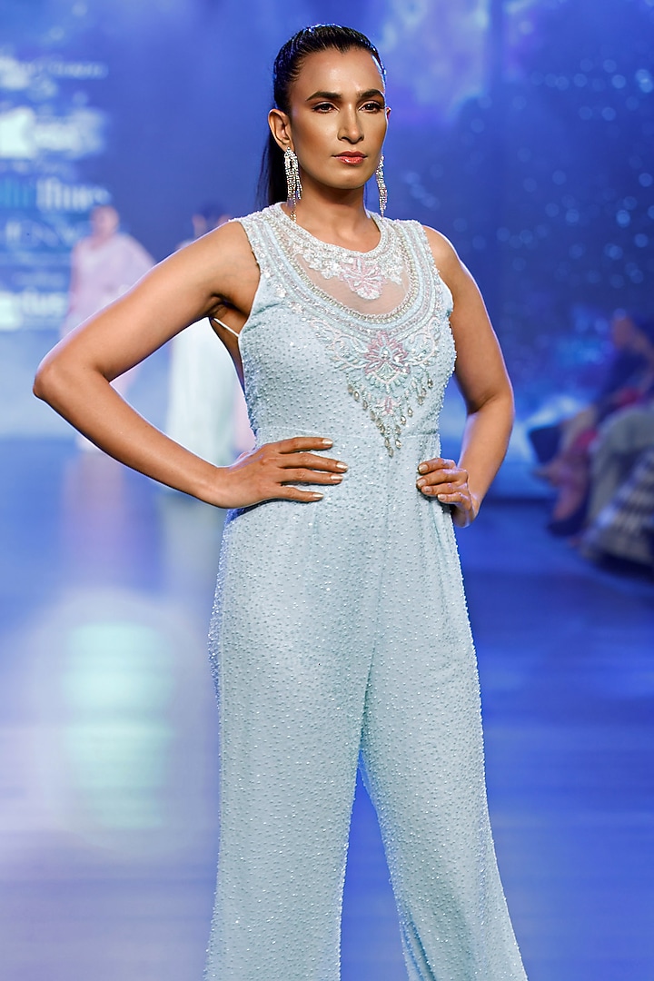 Aqua Georgette Beads Hand Embroidered Jumpsuit by Rabani & Rakha at Pernia's Pop Up Shop
