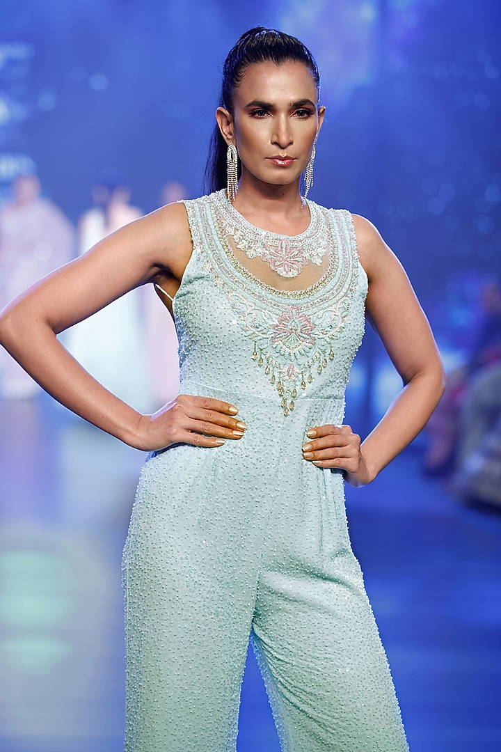 Aqua Georgette Beads Hand Embroidered Jumpsuit by Rabani & Rakha at Pernia's Pop Up Shop