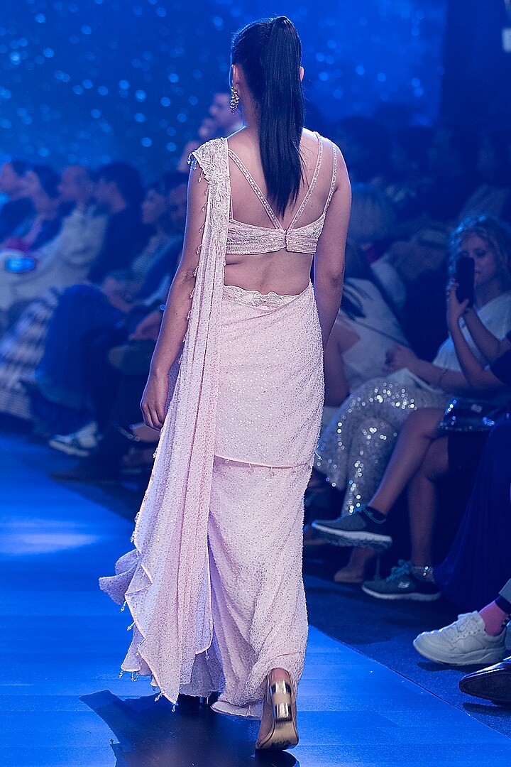 Pink Georgette Beads Hand Embroidered Stitched Reception Saree Set by Rabani & Rakha at Pernia's Pop Up Shop