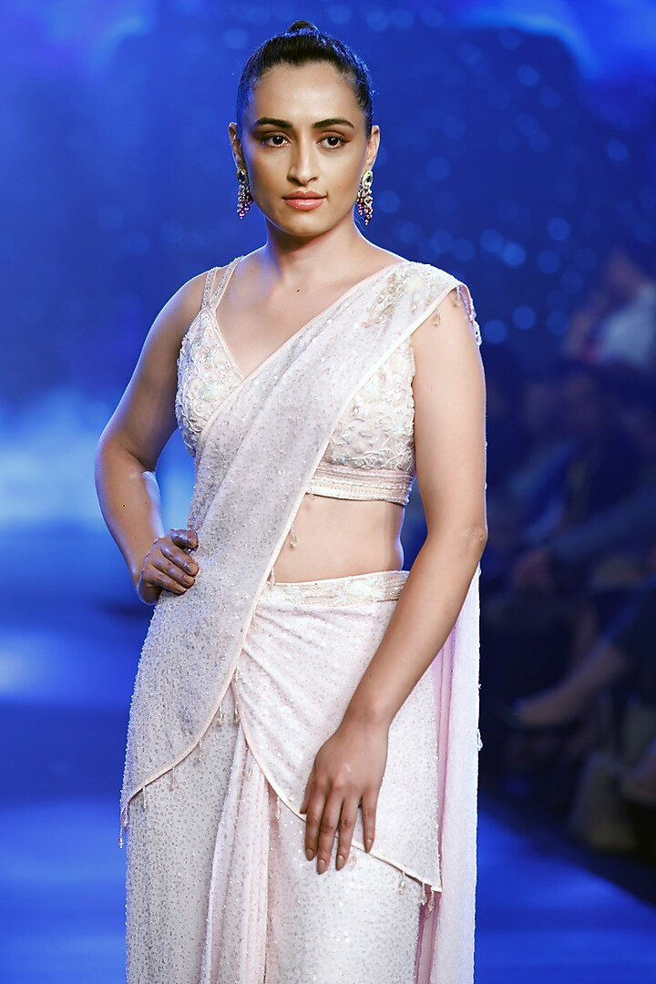 Pink Georgette Beads Hand Embroidered Stitched Reception Saree Set by Rabani & Rakha at Pernia's Pop Up Shop