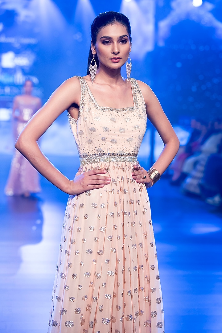 Peach Georgette Sequins Embroidered Burst Wedding Gown by Rabani & Rakha at Pernia's Pop Up Shop