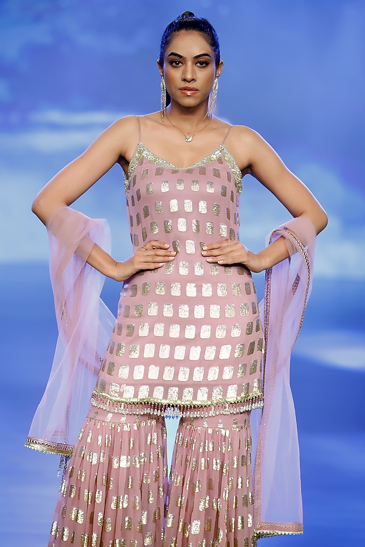 Lilac Georgette Sequins Embroidered Gharara Set by Rabani & Rakha at Pernia's Pop Up Shop