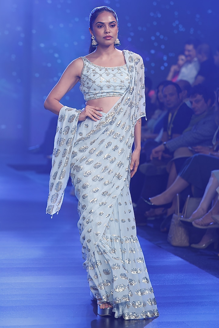 Aqua Georgette Sequins Embroidered Stitched Saree Set by Rabani & Rakha at Pernia's Pop Up Shop