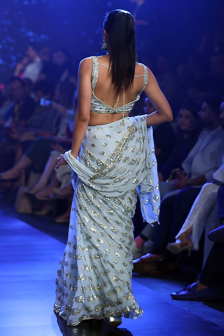 Aqua Georgette Sequins Embroidered Stitched Wedding Saree Set by Rabani & Rakha at Pernia's Pop Up Shop