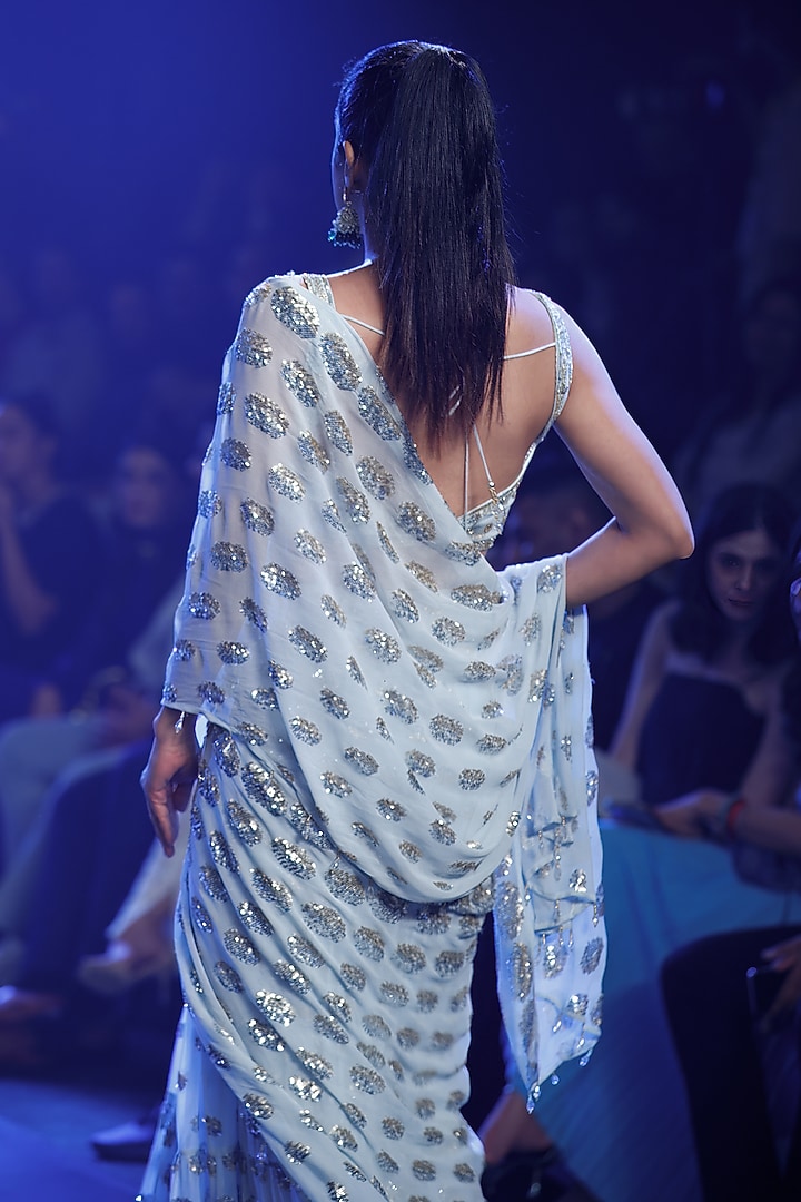 Aqua Georgette Sequins Embroidered Stitched Wedding Saree Set by Rabani & Rakha at Pernia's Pop Up Shop