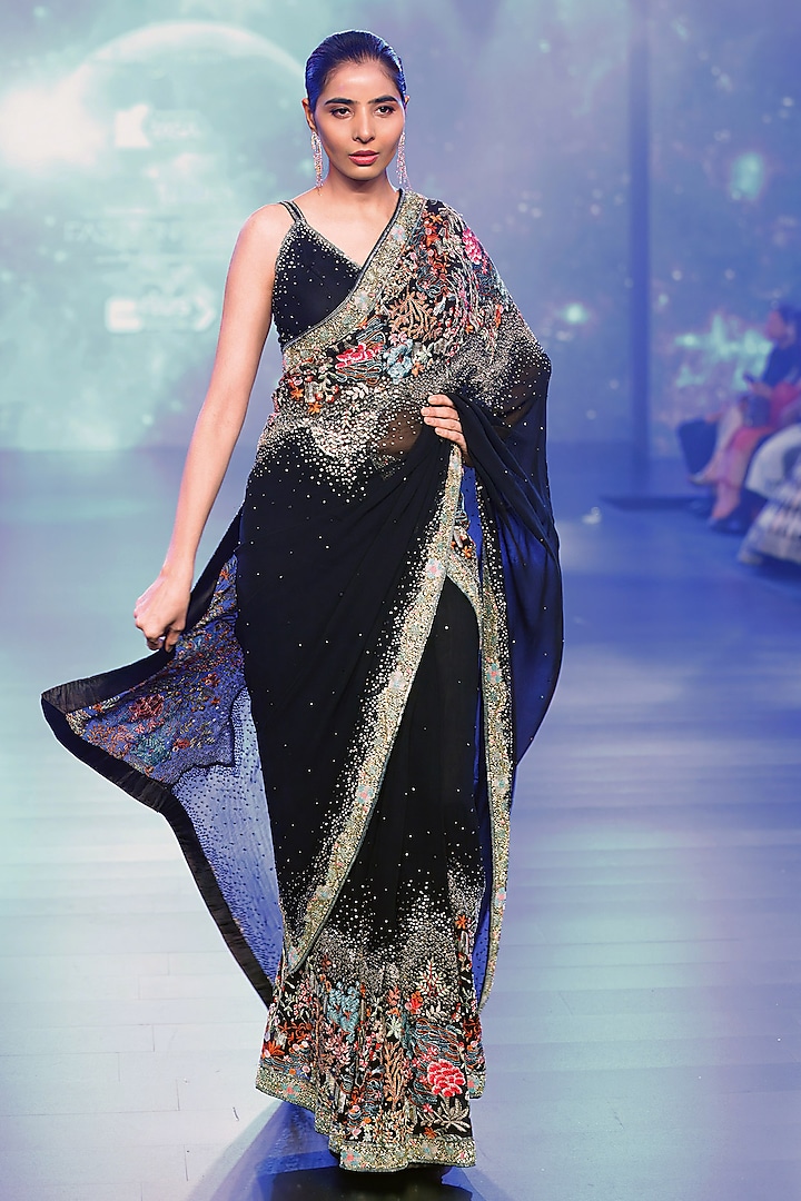 Black Georgette & Net Sequins Embroidered Saree Set by Rabani & Rakha at Pernia's Pop Up Shop