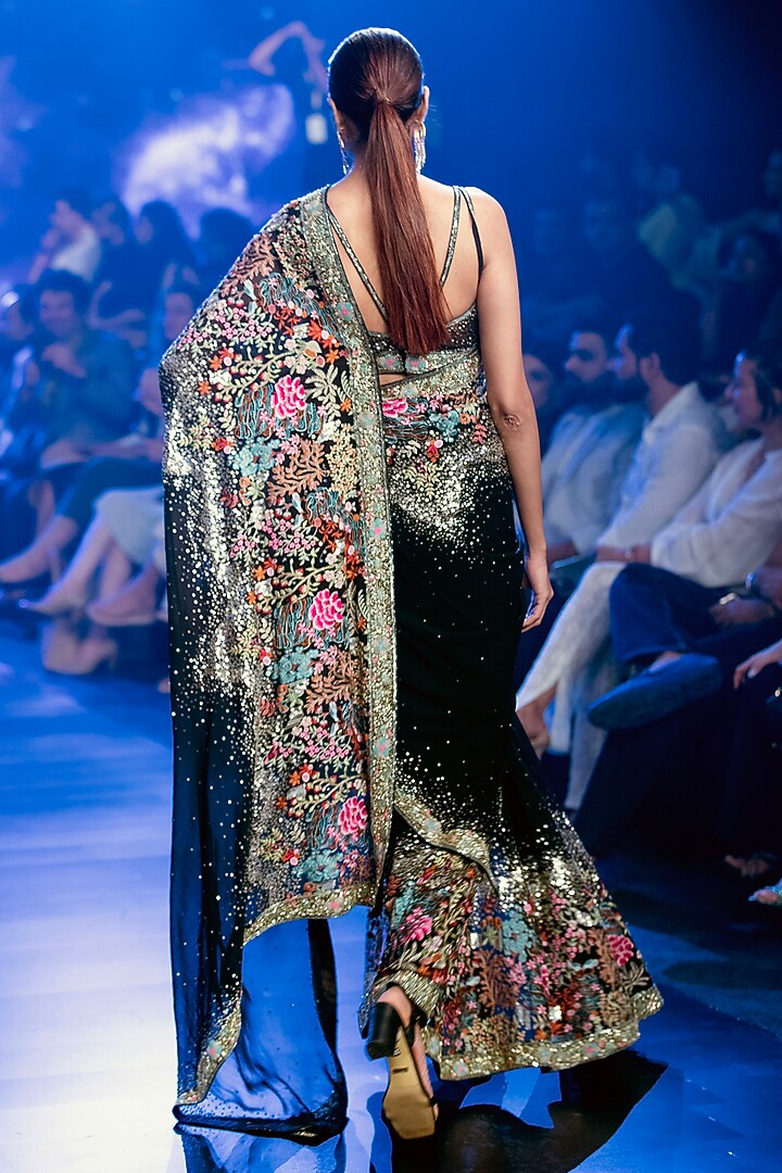 Black Georgette & Net Sequins Embroidered Reception Saree Set by Rabani & Rakha at Pernia's Pop Up Shop