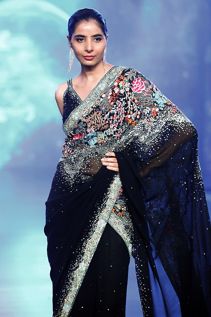 Black Georgette & Net Sequins Embroidered Reception Saree Set by Rabani & Rakha at Pernia's Pop Up Shop