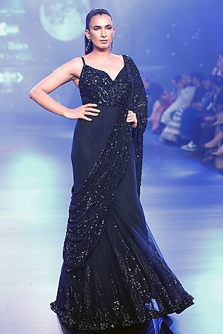 Black Net Hand Embroidered Gown With Drape by Rabani & Rakha