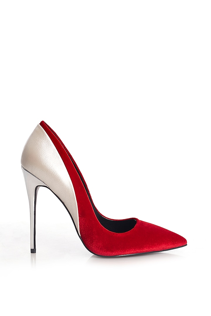 Red & Silver Satin Silk Stiletto Pumps by Runway Reinvented