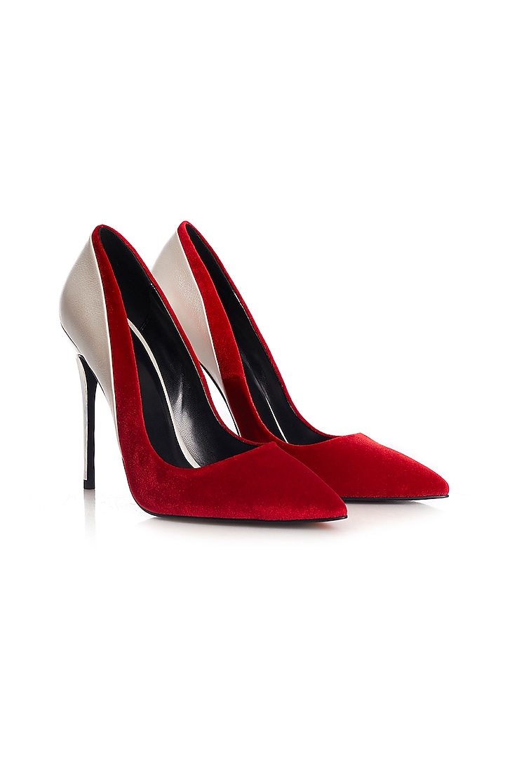 Red & Silver Satin Silk Stiletto Pumps by Runway Reinvented at Pernia's Pop Up Shop