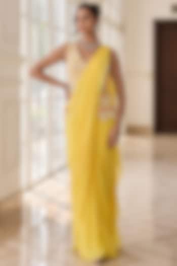 Yellow Georgette & Net Draped Wedding Saree Set by RINESSA at Pernia's Pop Up Shop