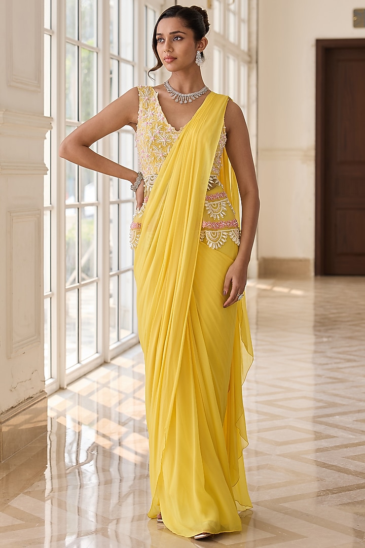 Yellow Georgette & Net Draped Wedding Saree Set by RINESSA at Pernia's Pop Up Shop