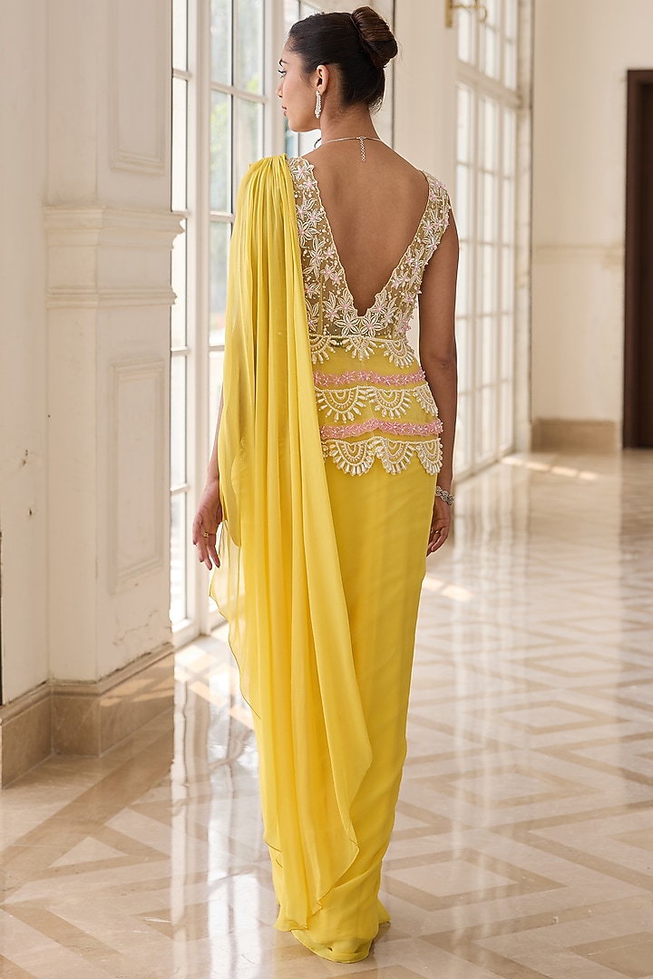 Yellow Georgette & Net Draped Wedding Saree Set by RINESSA at Pernia's Pop Up Shop