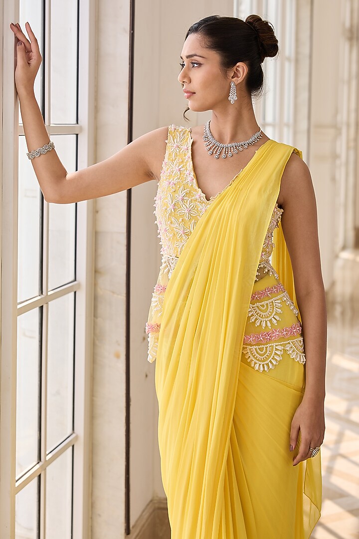 Yellow Georgette & Net Draped Wedding Saree Set by RINESSA at Pernia's Pop Up Shop