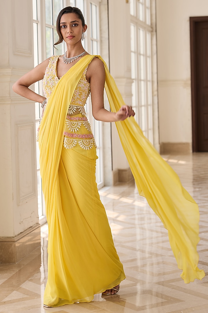 Yellow Georgette & Net Draped Wedding Saree Set by RINESSA at Pernia's Pop Up Shop