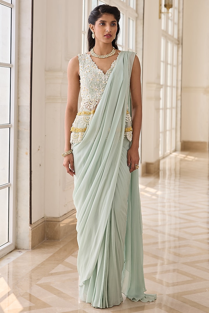 Mint Green Georgette & Net Draped Wedding Saree Set by RINESSA at Pernia's Pop Up Shop