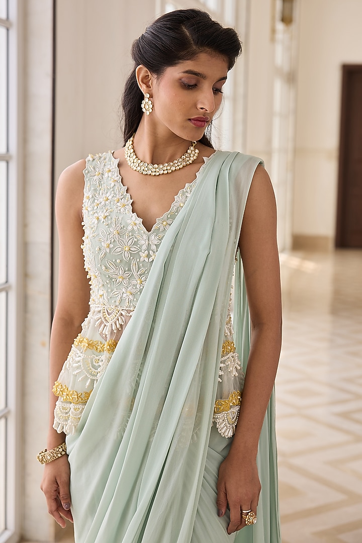 Mint Green Georgette & Net Draped Wedding Saree Set by RINESSA at Pernia's Pop Up Shop