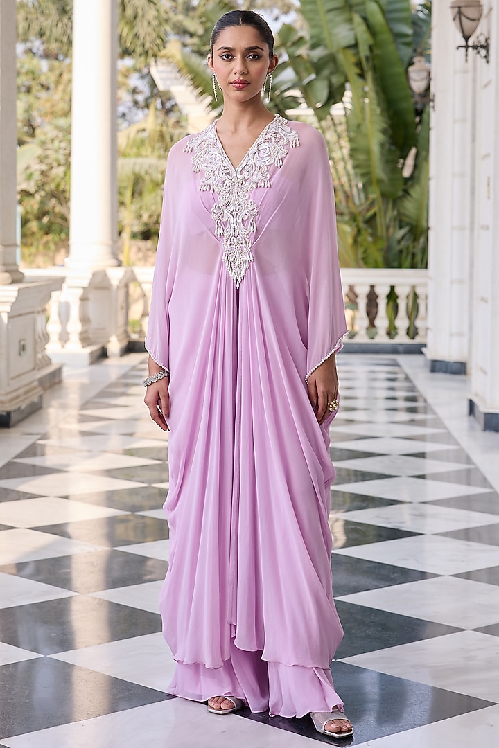 Lavender Georgette & Net Hand Embellished Kaftan Set by RINESSA at Pernia's Pop Up Shop