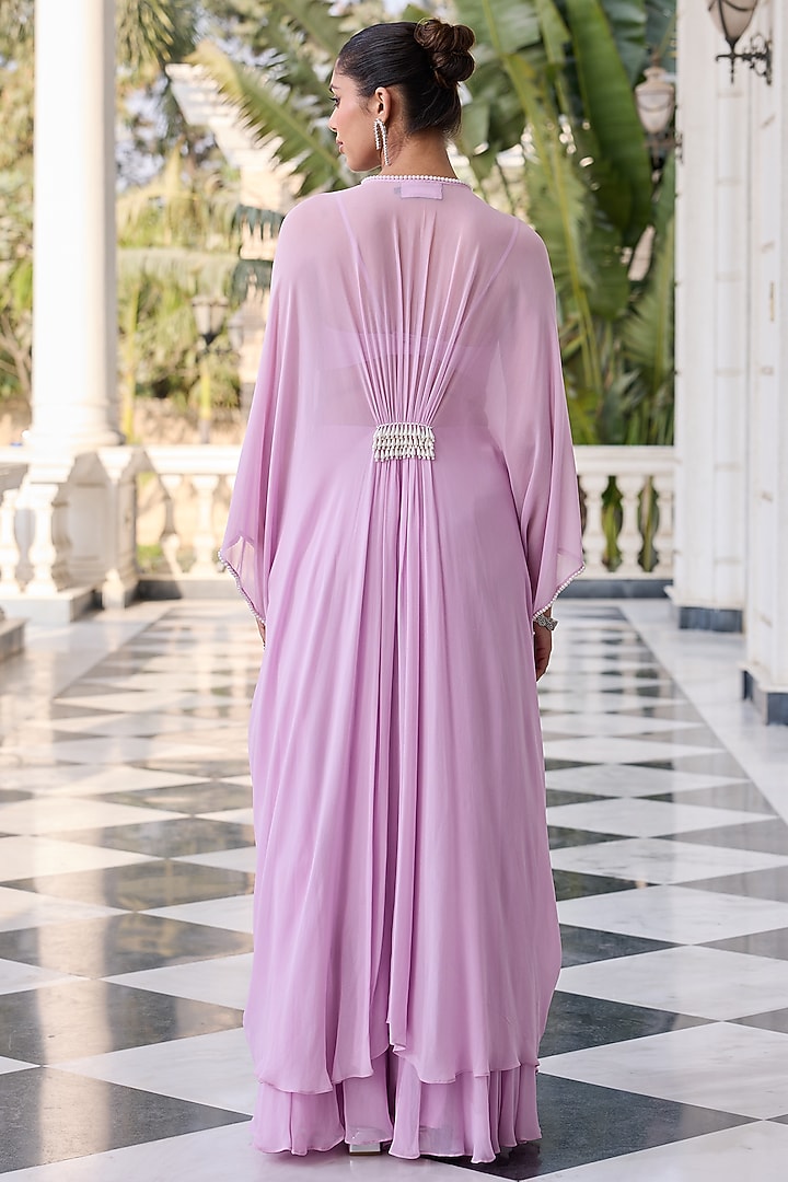 Lavender Georgette & Net Hand Embellished Kaftan Set by RINESSA at Pernia's Pop Up Shop