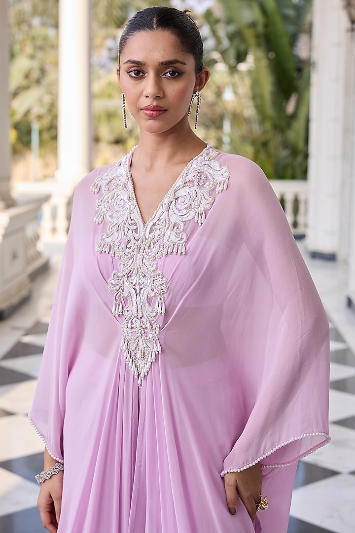 Lavender Georgette & Net Hand Embellished Kaftan Set by RINESSA at Pernia's Pop Up Shop