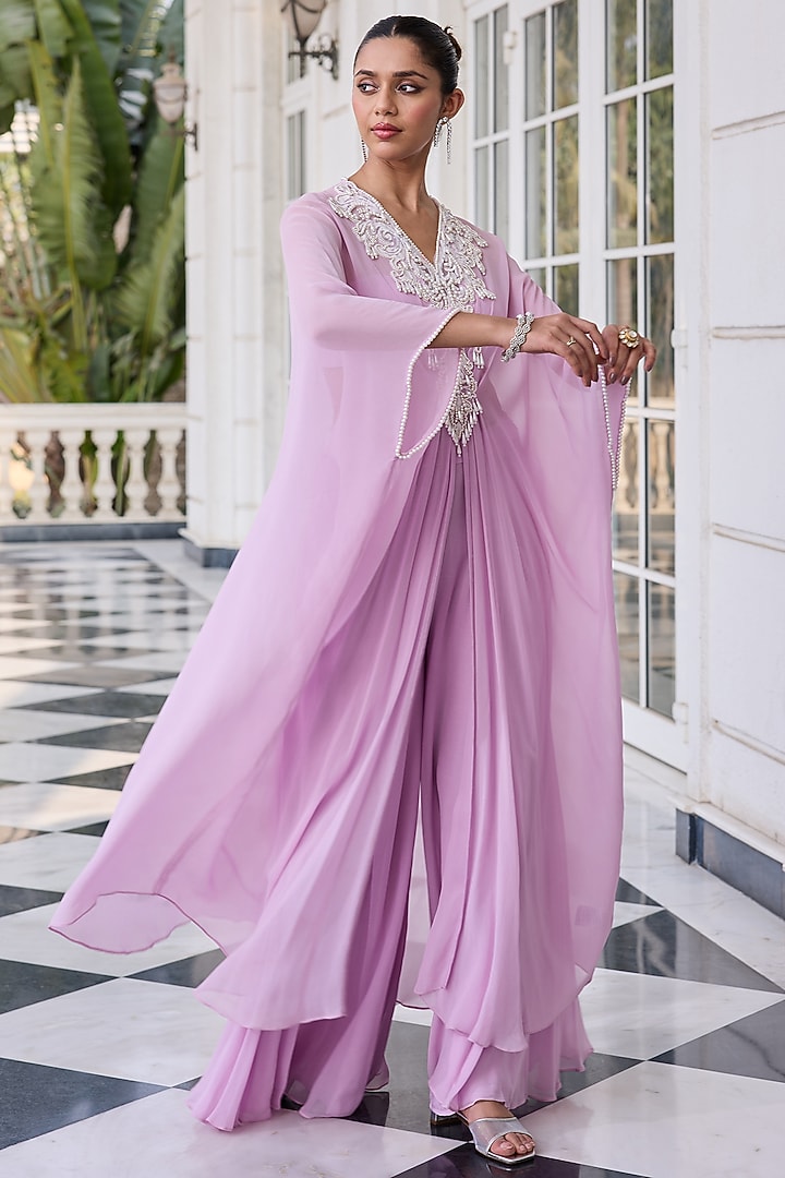 Lavender Georgette & Net Hand Embellished Kaftan Set by RINESSA at Pernia's Pop Up Shop