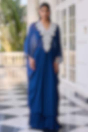 Deep Blue Georgette & Net Hand Embellished Kaftan Set by RINESSA at Pernia's Pop Up Shop