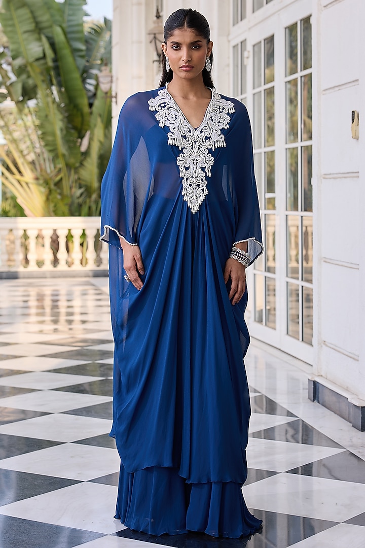Deep Blue Georgette & Net Hand Embellished Kaftan Set by RINESSA at Pernia's Pop Up Shop