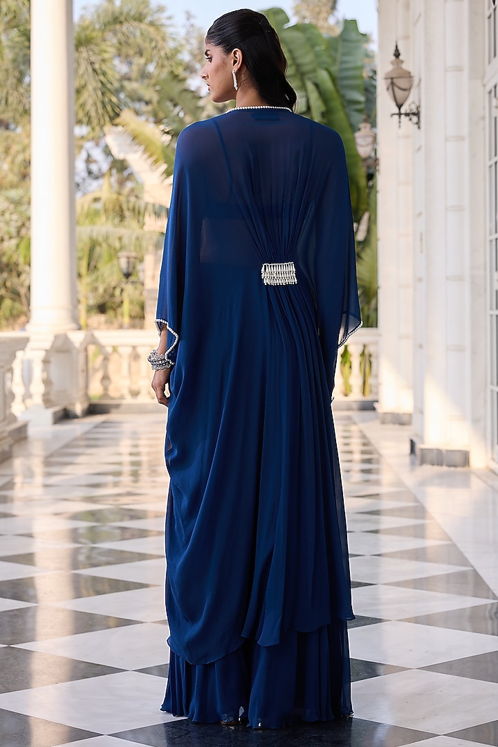 Deep Blue Georgette & Net Hand Embellished Kaftan Set by RINESSA at Pernia's Pop Up Shop