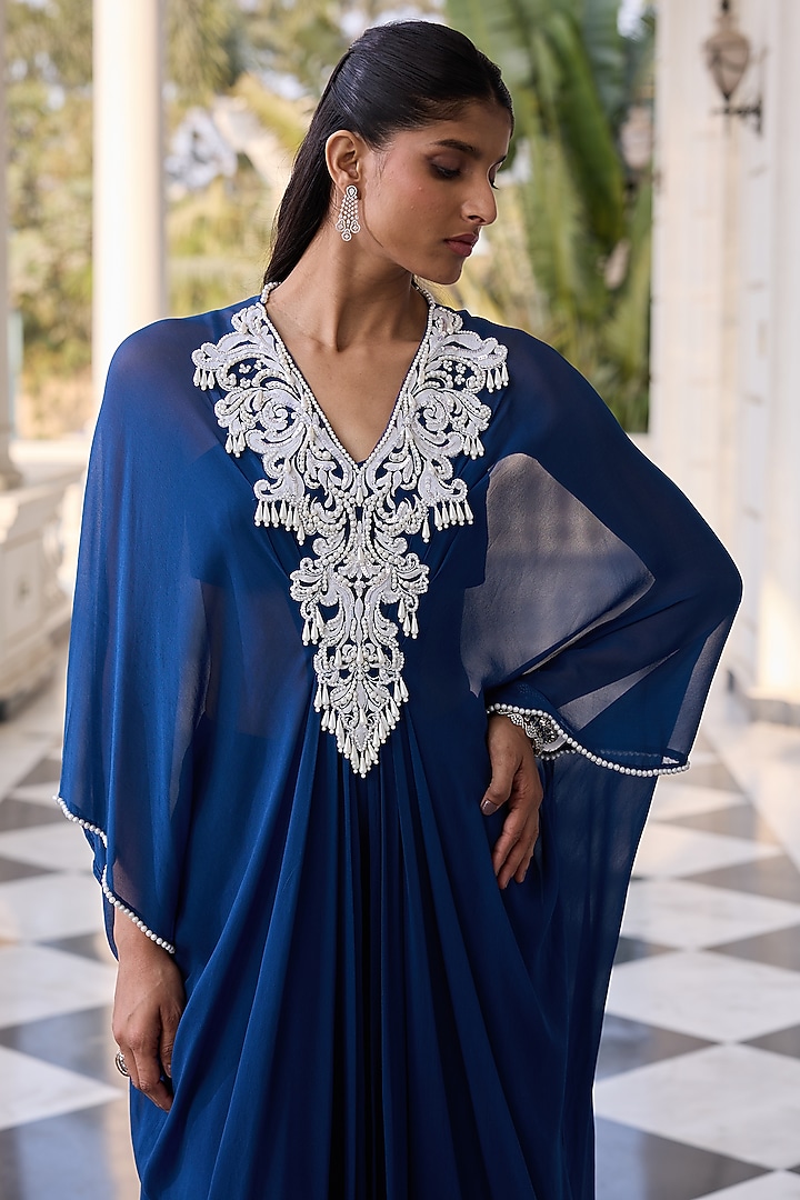 Deep Blue Georgette & Net Hand Embellished Kaftan Set by RINESSA at Pernia's Pop Up Shop