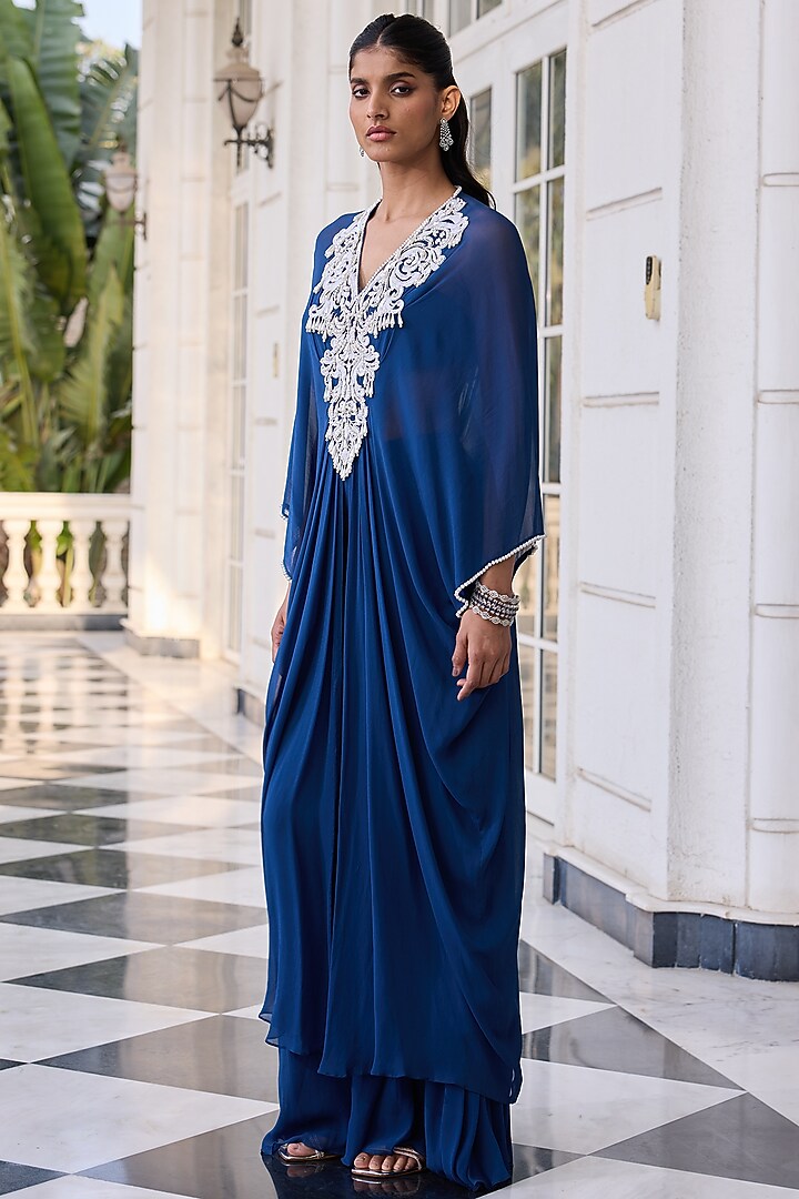 Deep Blue Georgette & Net Hand Embellished Kaftan Set by RINESSA at Pernia's Pop Up Shop