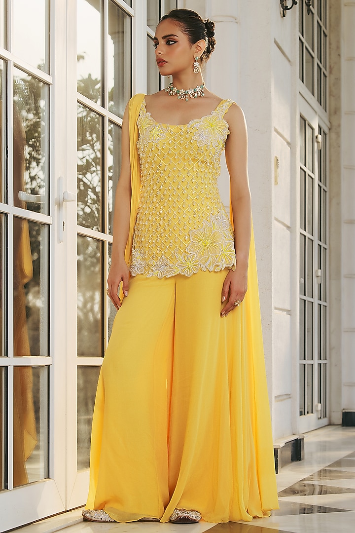 Yellow Georgette & Net Hand Embellished Kurta Set by RINESSA at Pernia's Pop Up Shop