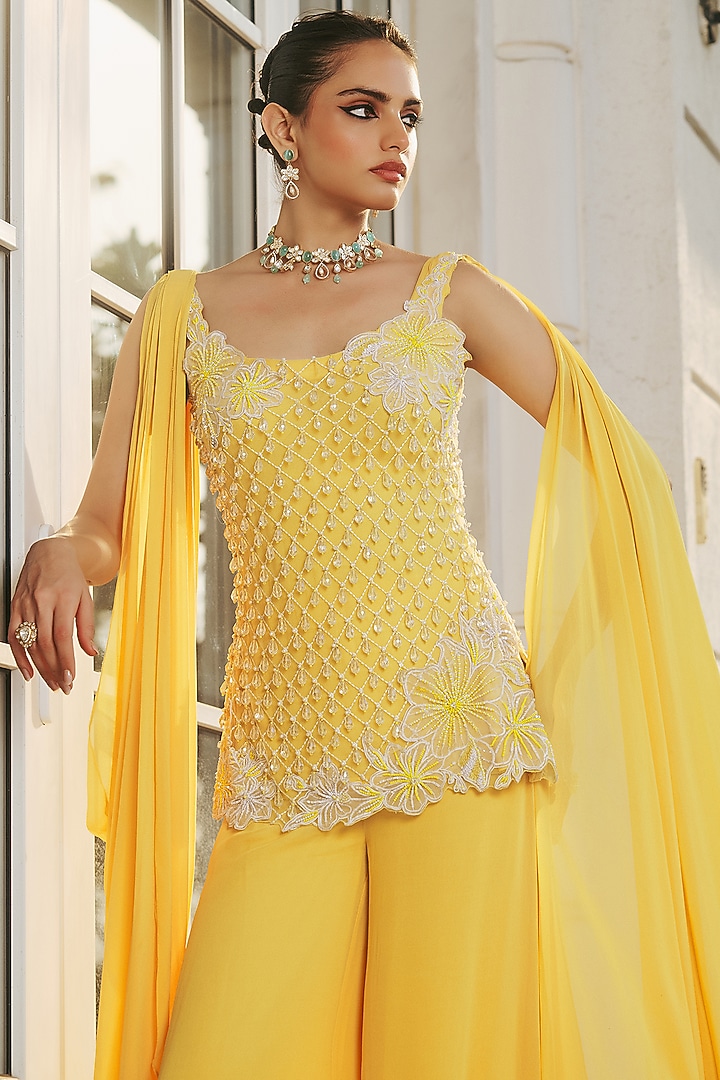Yellow Georgette & Net Hand Embellished Kurta Set by RINESSA at Pernia's Pop Up Shop