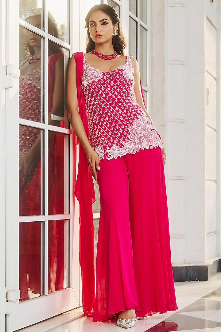 Fuchsia Pink Georgette & Net Hand Embellished Kurta Set by RINESSA at Pernia's Pop Up Shop