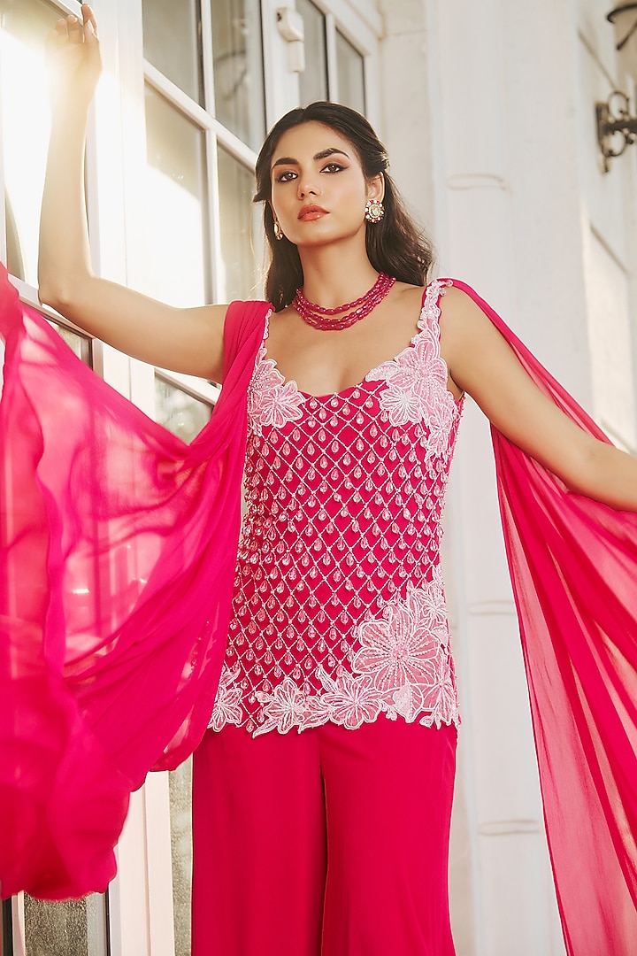 Fuchsia Pink Georgette & Net Hand Embellished Kurta Set by RINESSA at Pernia's Pop Up Shop