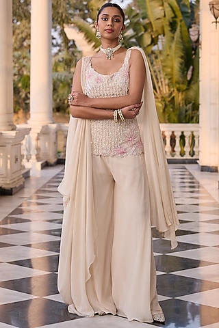 Ivory Georgette & Net Hand Embellished Kurta Set by RINESSA
