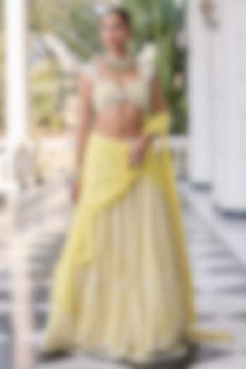 Yellow Satin Georgette & Net Hand Embellished Wedding Lehenga Set by RINESSA at Pernia's Pop Up Shop