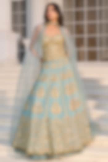 Aqua Blue Dupion Raw Silk & Net Hand Embellished Wedding Lehenga Set by RINESSA at Pernia's Pop Up Shop
