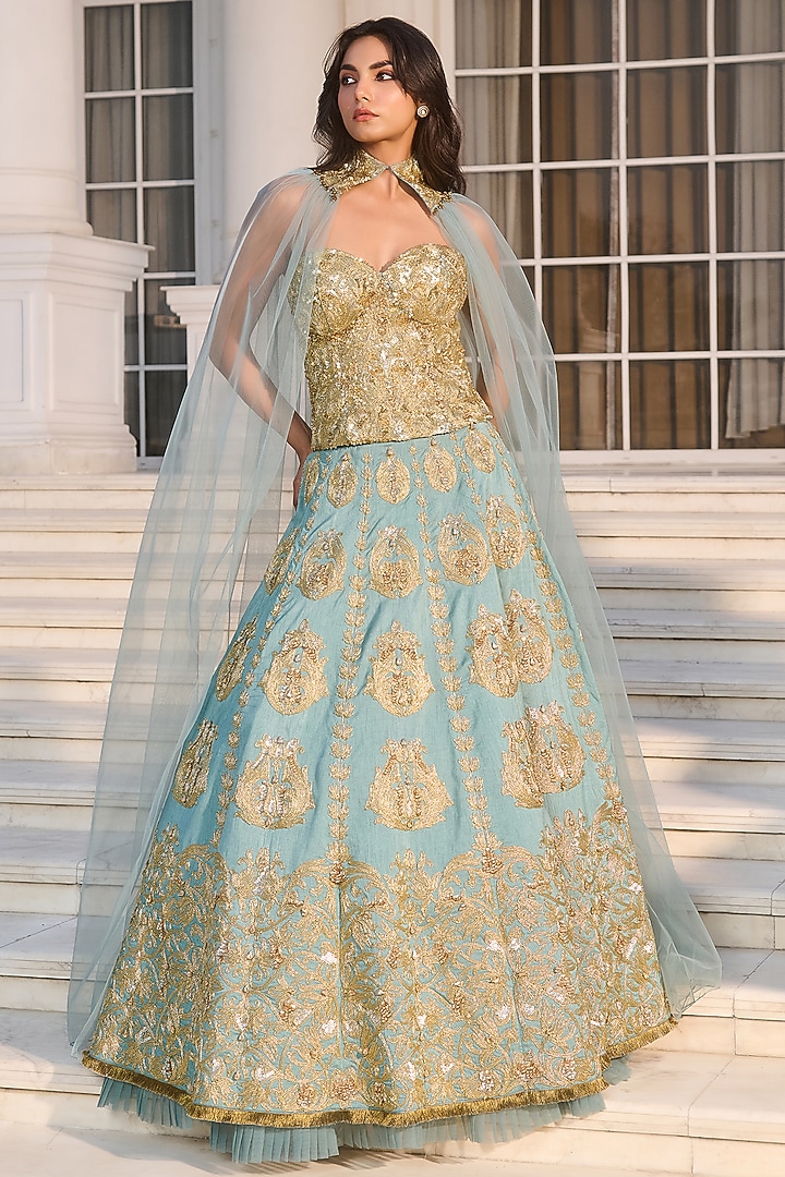 Aqua Blue Dupion Raw Silk & Net Hand Embellished Wedding Lehenga Set by RINESSA at Pernia's Pop Up Shop