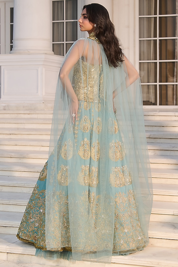 Aqua Blue Dupion Raw Silk & Net Hand Embellished Wedding Lehenga Set by RINESSA at Pernia's Pop Up Shop