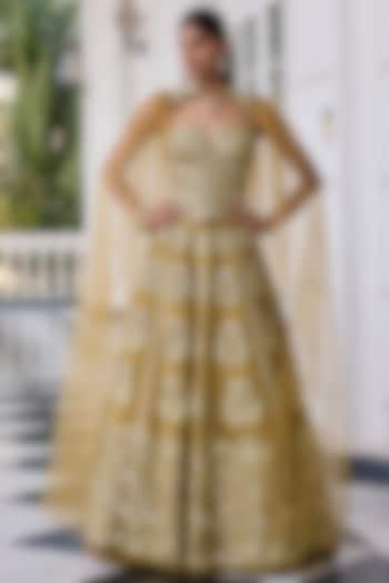 Olive Dupion Raw Silk & Net Hand Embellished Wedding Lehenga Set by RINESSA at Pernia's Pop Up Shop