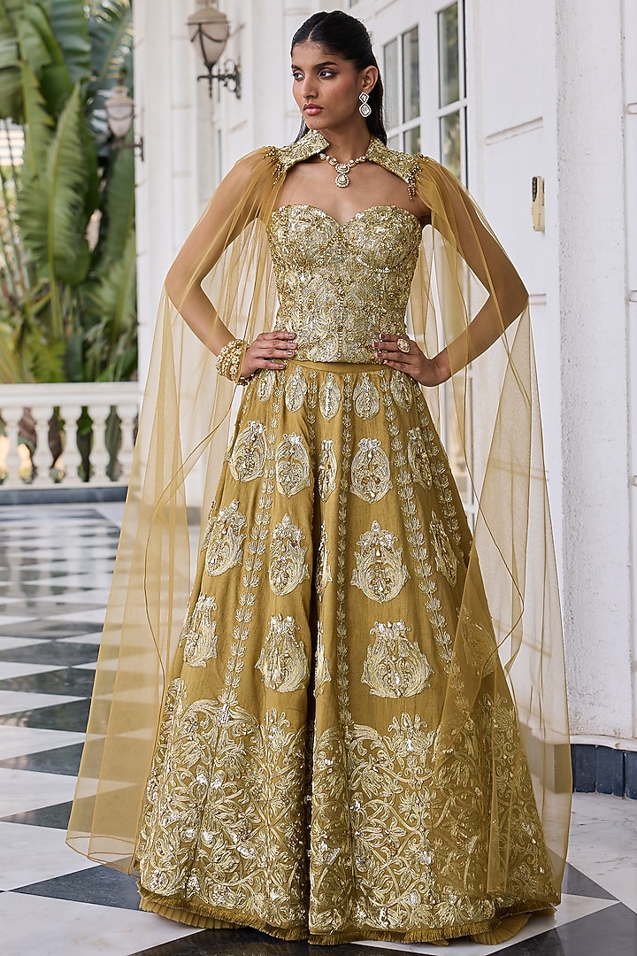 Olive Dupion Raw Silk & Net Hand Embellished Wedding Lehenga Set by RINESSA at Pernia's Pop Up Shop