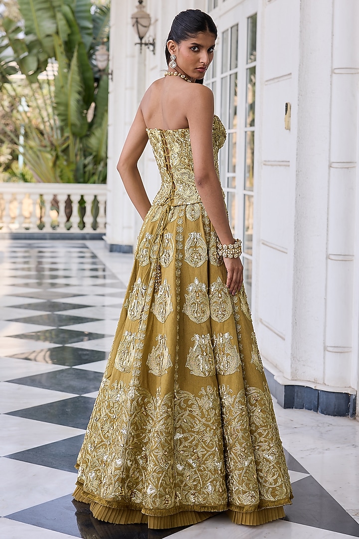 Olive Dupion Raw Silk & Net Hand Embellished Wedding Lehenga Set by RINESSA at Pernia's Pop Up Shop
