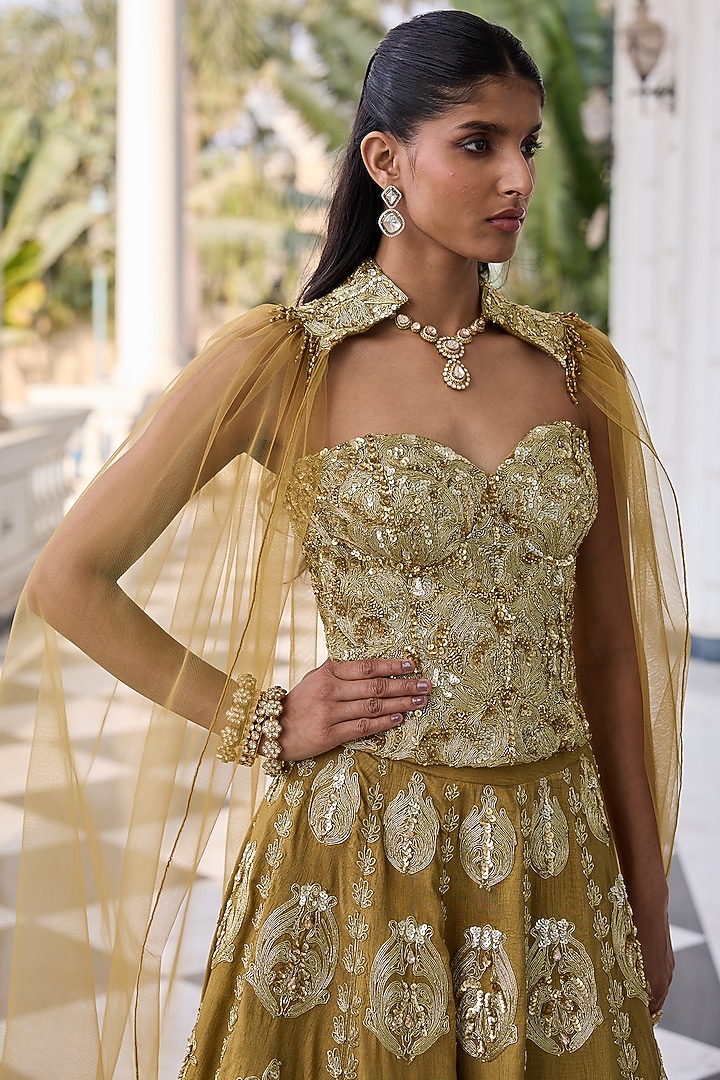 Olive Dupion Raw Silk & Net Hand Embellished Wedding Lehenga Set by RINESSA at Pernia's Pop Up Shop