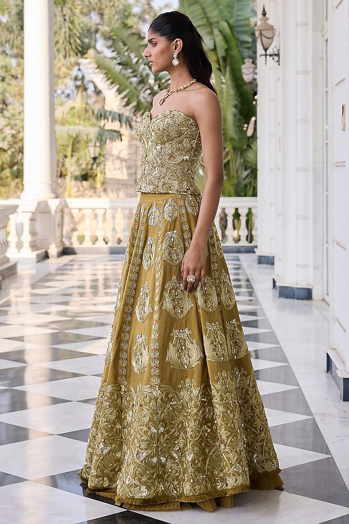 Olive Dupion Raw Silk & Net Hand Embellished Wedding Lehenga Set by RINESSA at Pernia's Pop Up Shop