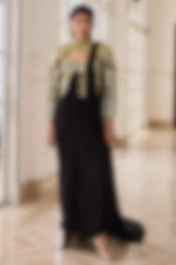 Black Georgette & Net Draped Wedding Saree Set by RINESSA at Pernia's Pop Up Shop