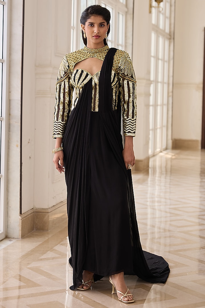 Black Georgette & Net Draped Wedding Saree Set by RINESSA at Pernia's Pop Up Shop