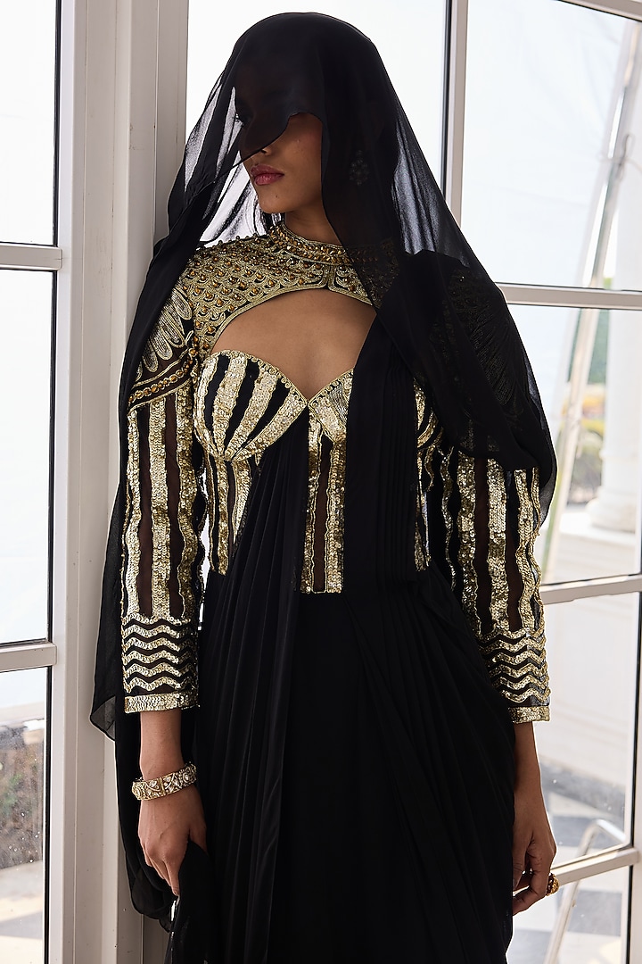 Black Georgette & Net Draped Wedding Saree Set by RINESSA at Pernia's Pop Up Shop