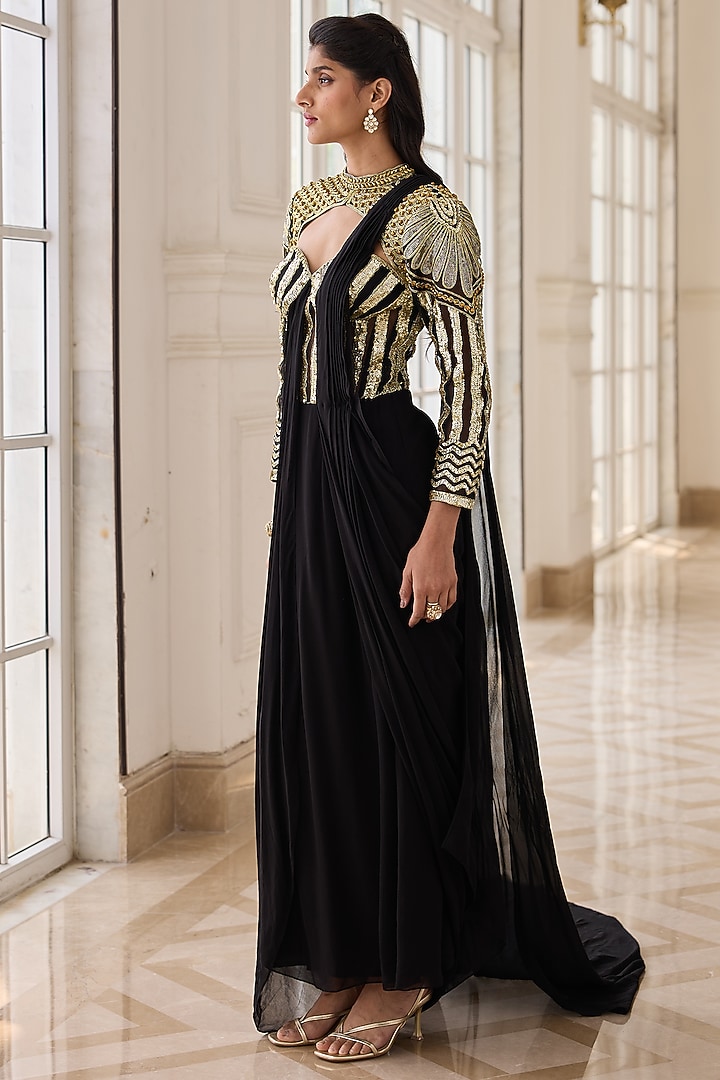 Black Georgette & Net Draped Wedding Saree Set by RINESSA at Pernia's Pop Up Shop
